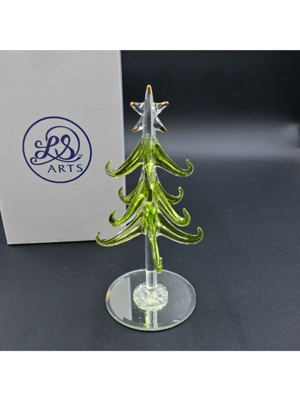 LS Arts Glass Christmas Tree Tabletop Miniature Green with Gold Ornaments Boxed